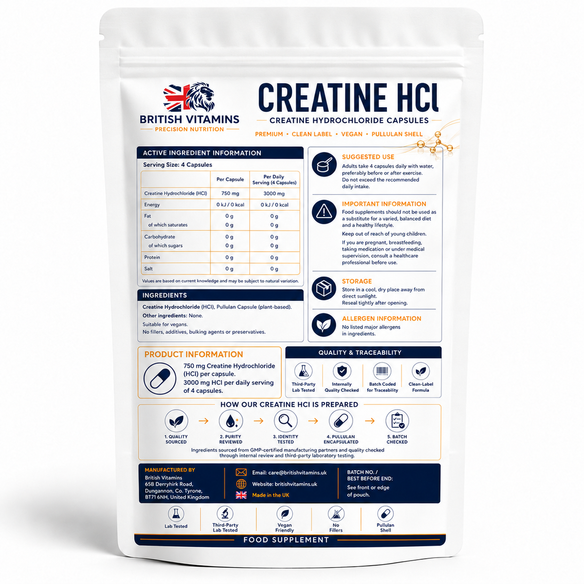 Creatine HCl 750 mg capsules – ingredients, directions and warnings