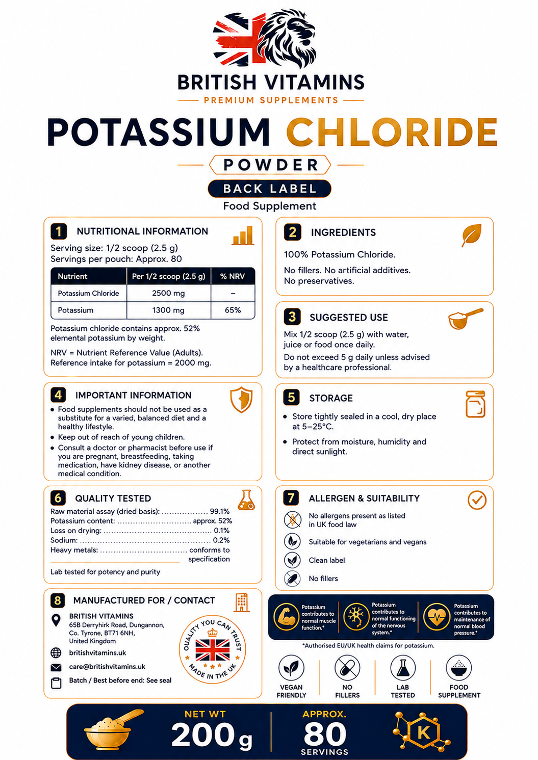 Potassium Chloride Powder – 100% Pure | 200g | Approx. 80 Servings