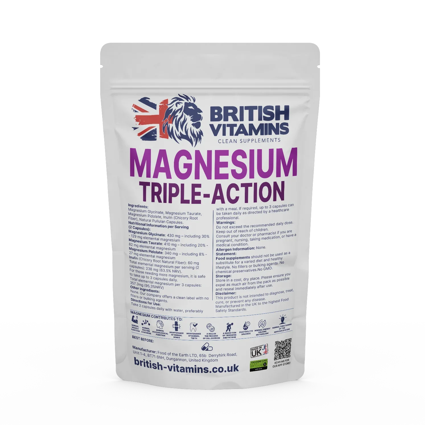 Magnesium Triple-Action Magnesium Taurate Glycinate Magnesium Pidolate Complex Health & Beauty:Vitamins & Lifestyle Supplements:Vitamins & Minerals British Vitamins 60 Capsules