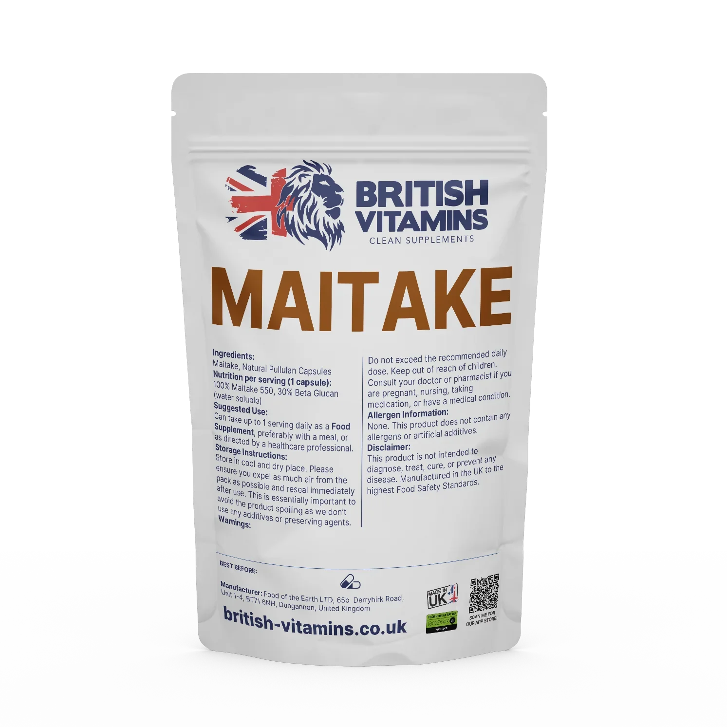 Maitake Mushroom 30% Beta Glucan Food Supplement British Vitamins 60 Capsules