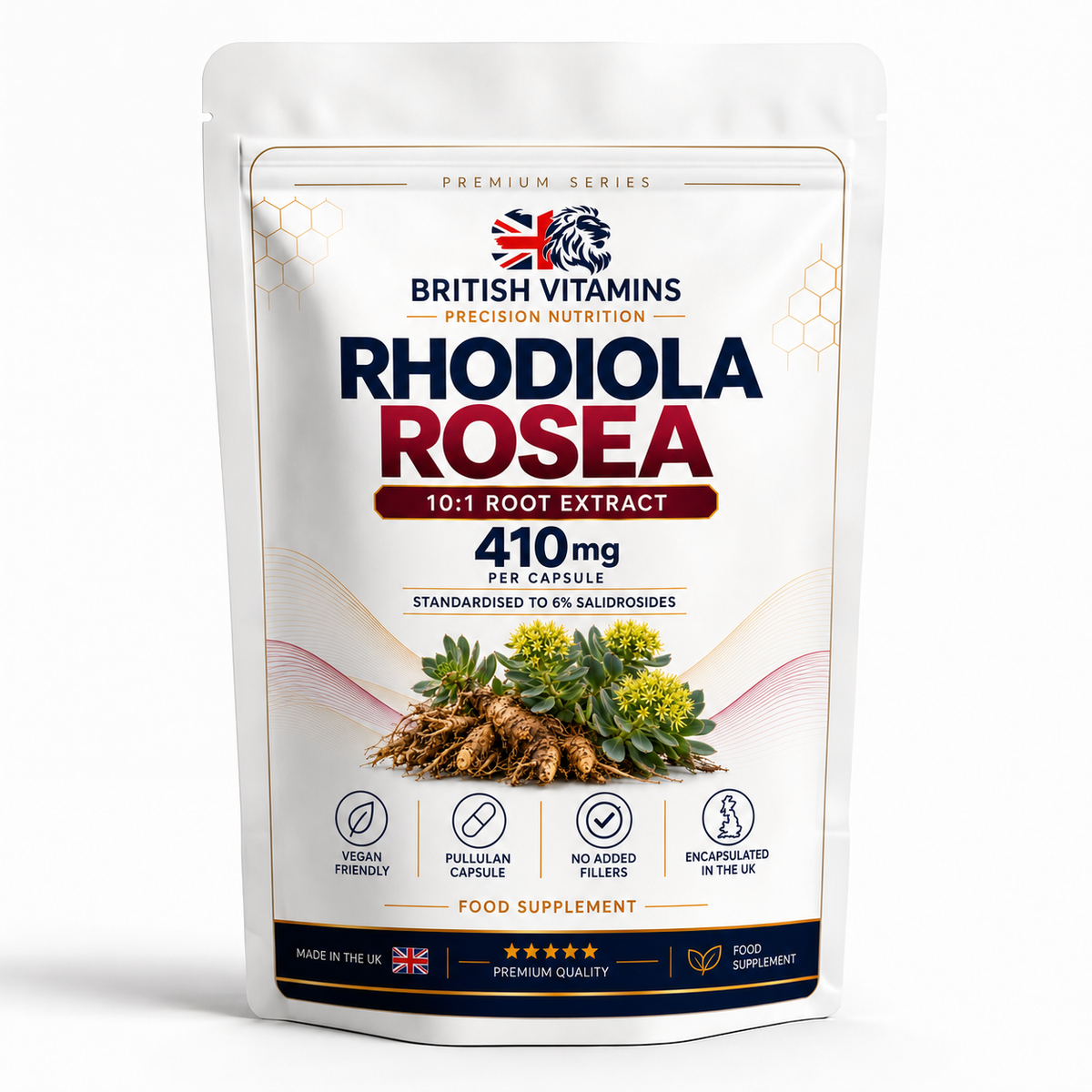 A stand-up pouch of British Vitamins Rhodiola Rosea 10:1 Root Extract food supplement, featuring a white background with red and navy text, a lion logo, and an illustration of rhodiola roots and flowers.