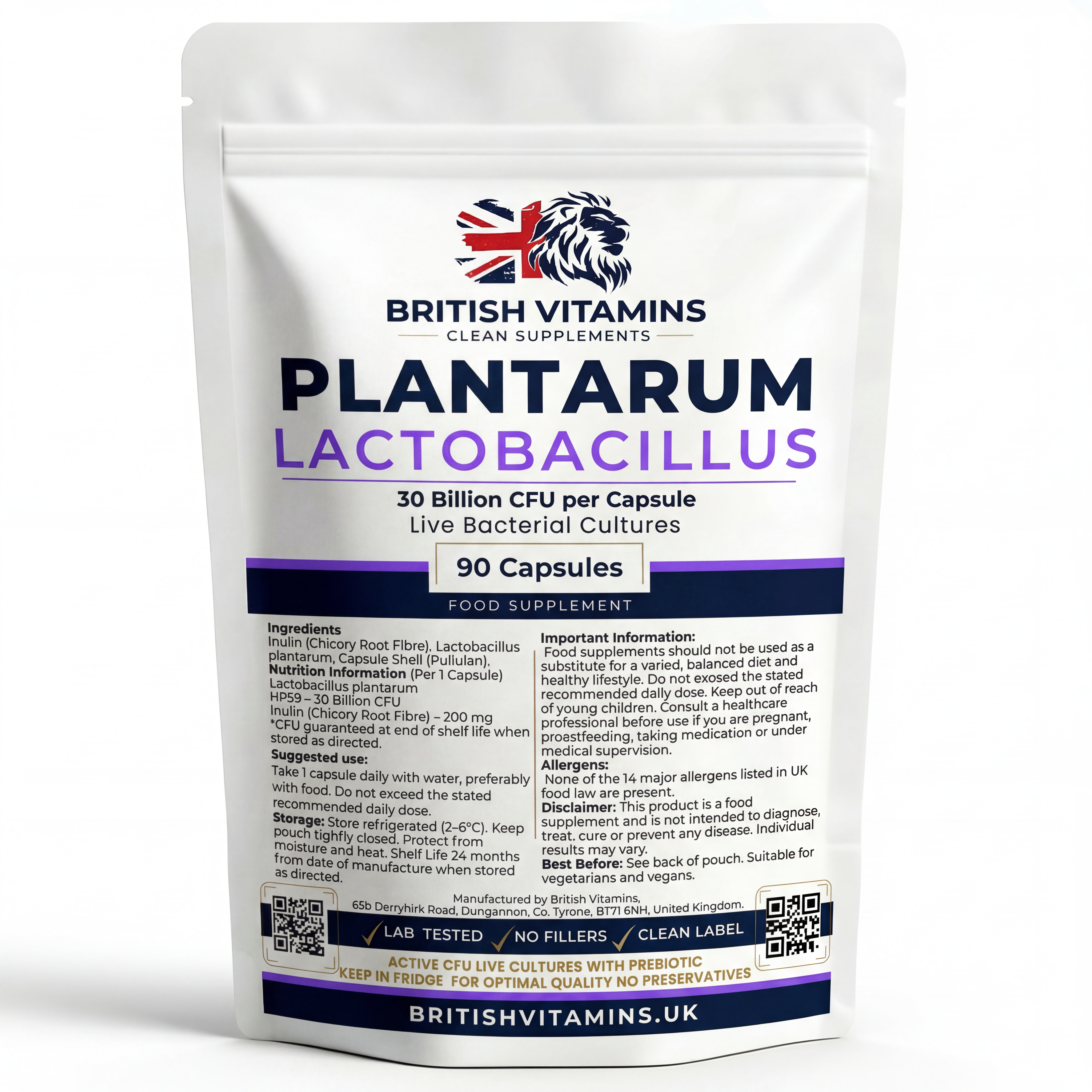Lactobacillus plantarum 30 Billion CFU – Live Cultures with Prebiotic – 90 Capsules