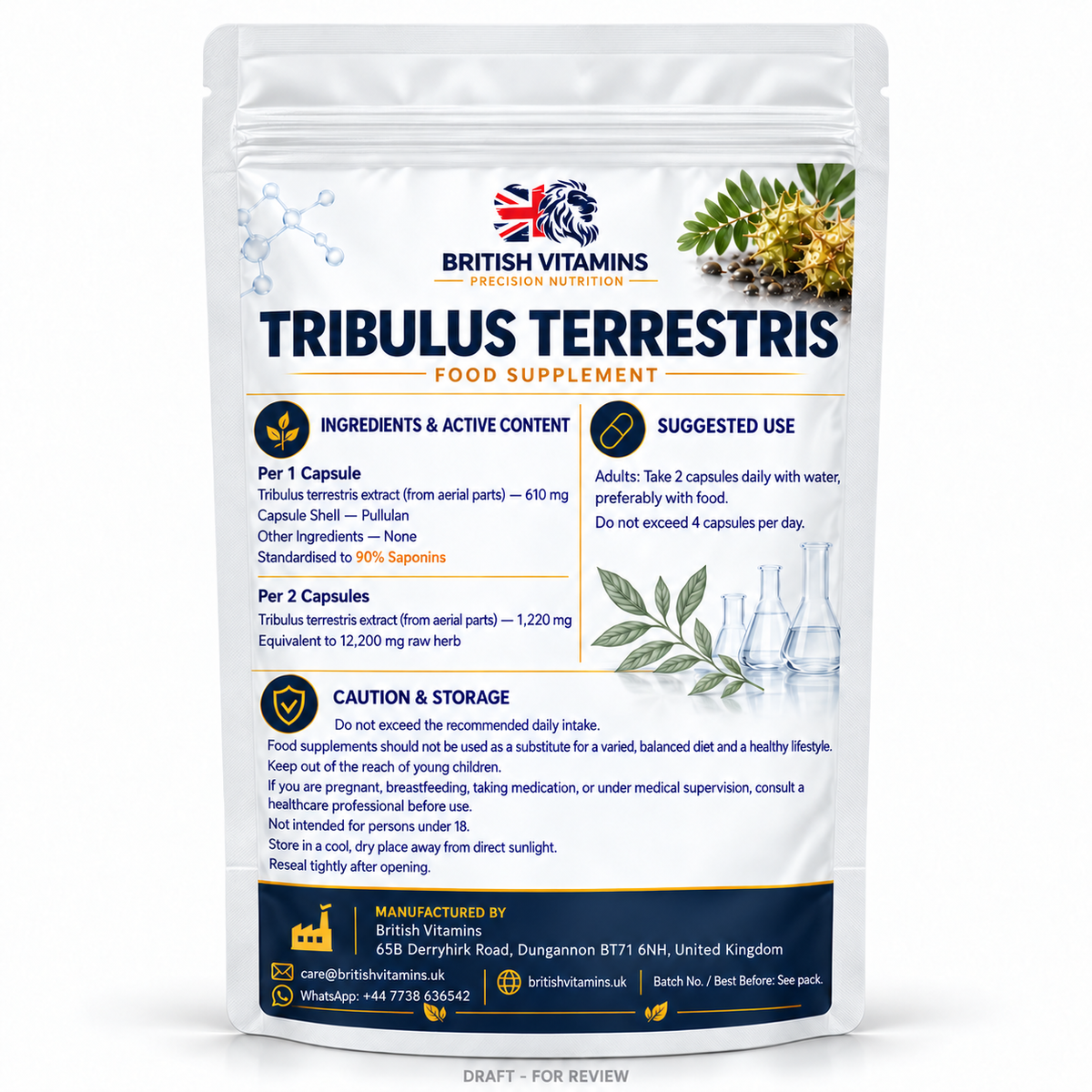 British Vitamins Tribulus Terrestris back pouch mockup with ingredients, directions, warnings and WhatsApp contact - draft for review